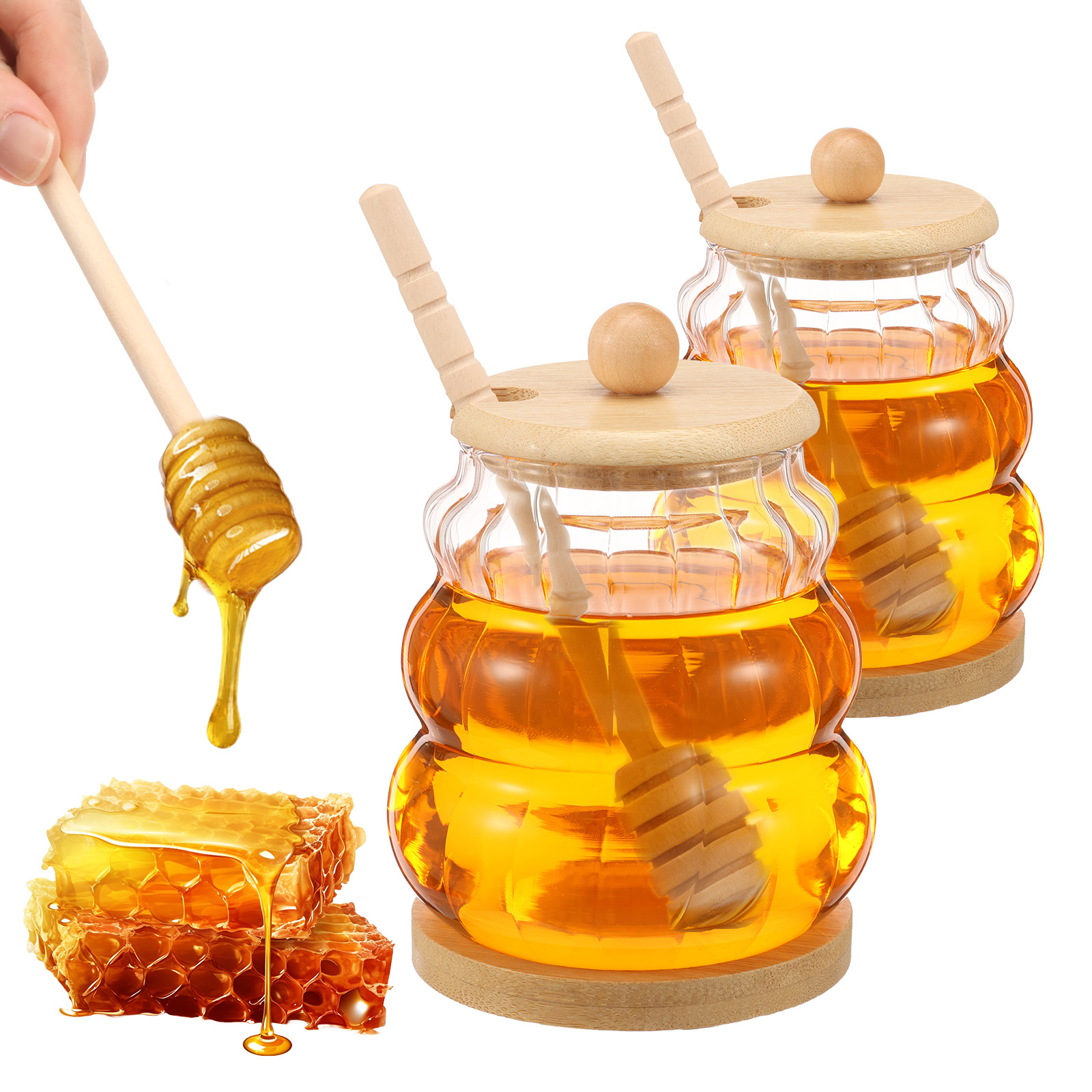 Food Storage Lidl - 2Pcs 유리 꿀병(디퍼와 뚜껑 포함) 450ML