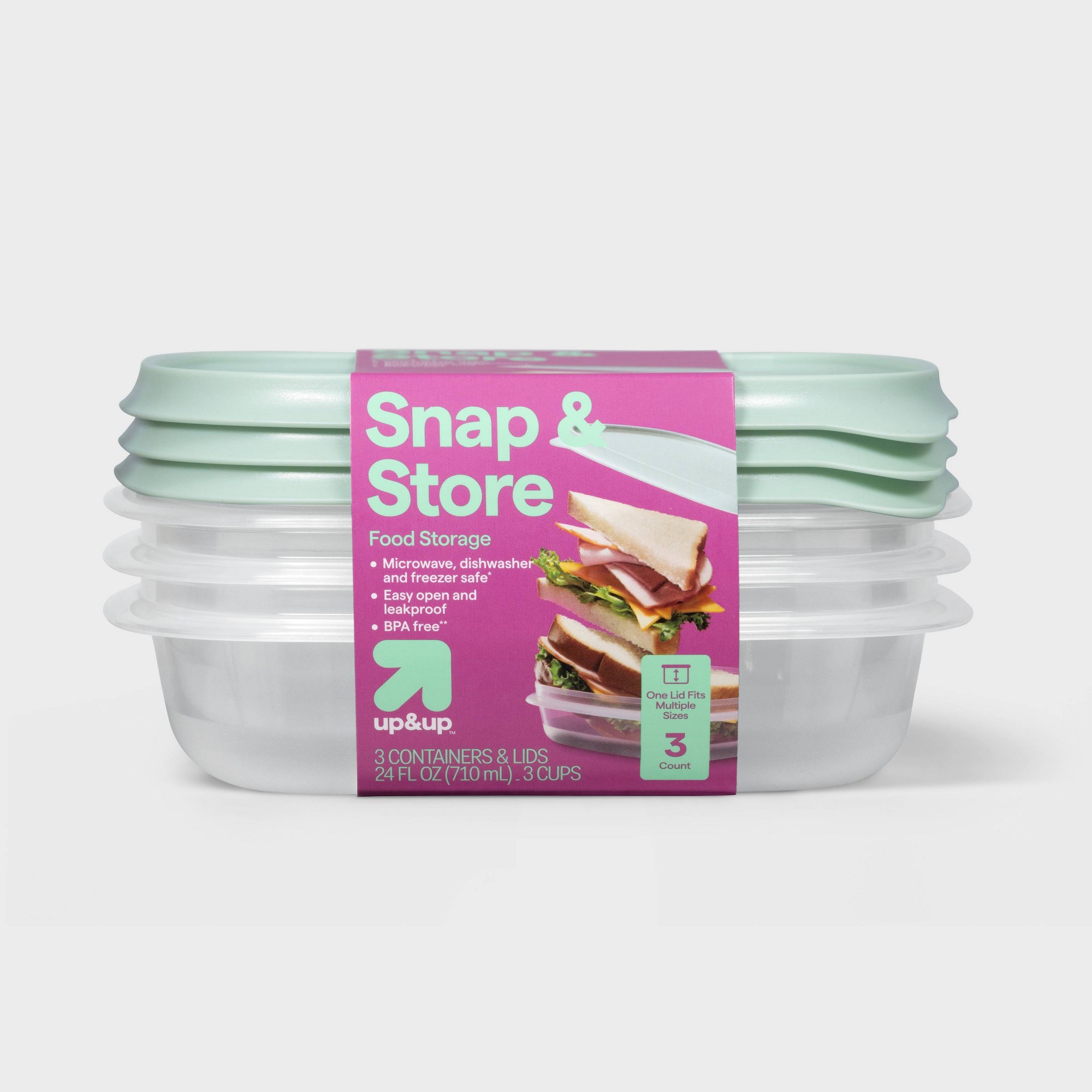 Food Storage Prep Containers - 3ct 사각형 스냅 뚜껑이 있는 식품